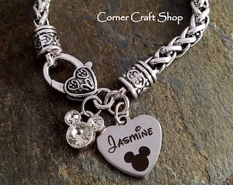 Personalized Name Mickey Mouse  Custom Laser Engraved Heart Charm  Bracelet with Heart Clasp Disney Fan, Rhinestone Mickey charm