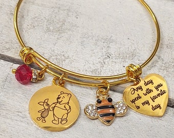 Winnie The Pooh and Piglet Quote "Any day spent with you is my favorite day" Friendship Honey Bee Charm Gold Bangle Bracelet Personalized