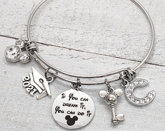 2024 If You Can Dream it You Can Do it Walt Disney Quote Inspirational  Graduation Charm Bangle Bracelet Personalized Initial Mickey Mouse