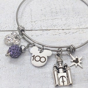 100th Anniversary, Personalized Name Custom Charm Bracelet Rhinestone Mickey, Castle, Mickey Mouse Ears North Star Purple Silver 100 Years image 1