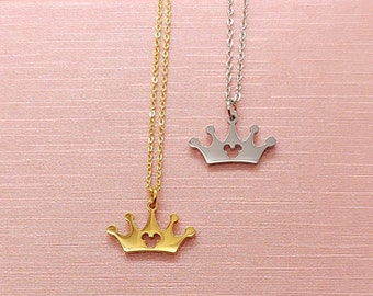 Disney Princess Crown Mickey Mouse Head Charm Necklace Layering Minimalist Jewelry Gold, Stainless Steel Dainty  Necklace, Disney inspired
