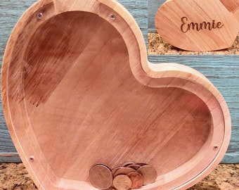 Custom Name Heart Wood Piggy bank Personalized coin bank Wedding, new house, Valentines day gift Wooden money box, Honeymoon Trip Fund