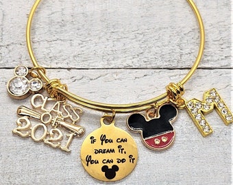 2024 If You Can Dream it You Can Do it Walt Disney Quote Graduation Charm Gold Tone Bangle Bracelet Personalized Initial, Cap Diploma