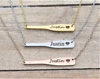 Baseball Bat with Heart Customized Name Engraved Personalized Stainless Steel Bar Necklace Softball Player Gift Baseball Mom Gift, Grandma