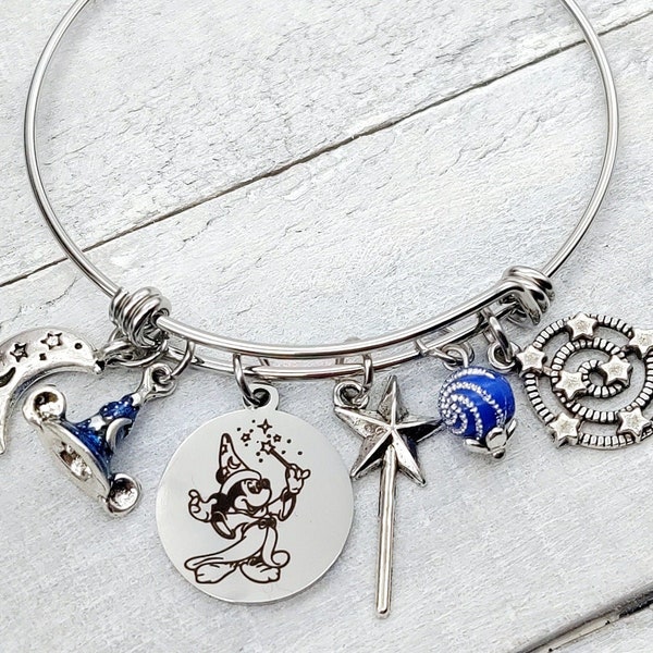 Wizard Mickey Mouse Fantasia Fantasmic Disney Movie Inspired Bangle Charm Bracelet Magic Wand Stars Moon Stars Hat Option to Personalize