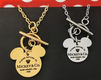 Please Return To Mickey and Co Engraved Mickey Stainless Steel & Gold Charm Link Park Necklace w/ Toggle Clasp Personalized name Main Street