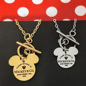 Please Return To Mickey and Co Engraved Mickey Stainless Steel & Gold Charm Link Park Necklace w/ Toggle Clasp Personalized name Main Street