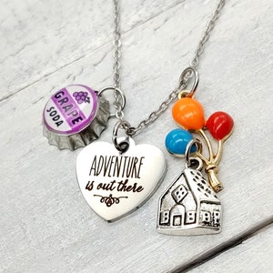 Adventure Is Out There Heart Charm UP House w/ Balloons charm Disney Movie Inspired Necklace Grape Soda Option to personalize back of charm