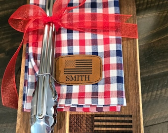 USA Flag Personalized Family Name Engraved Charcuterie wood cutting board Towel BBQ Tongs Gift Father's Day 250th America 4th of July Dad