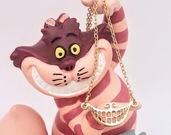 We're All Mad Here Cheshire Cat Smile Charm Necklace Layering Jewelry Gold, Stainless Steel Dainty Alice in Wonderland Inspired Tea Party