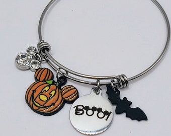 Boo Mickey Mouse Pumpkin Bat Halloween Party  Inspired Bangle charm Bracelet Necklace or Keychain Option To Engrave Name Personalized