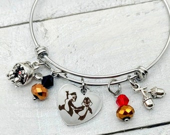 Chip  n' Dale Chipmunks Disney Inspired Charm  Silver Bangle Bracelet Acorns Bead Mickey Mouse Hat  Ears Charm , Option to personalize