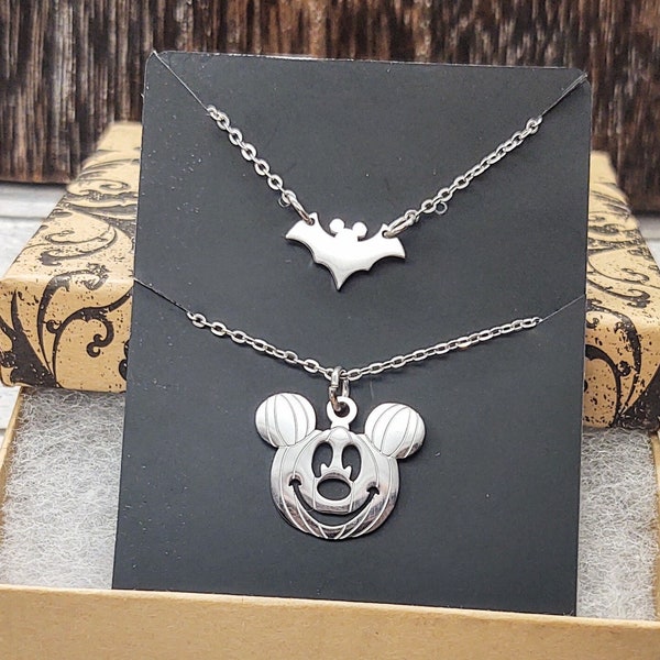 Halloween Pumpkin Mickey Mouse Head Ears + Mickey Bat Necklace Layering Set Minimalist Fall Disney Park Inspired Jewelry Silver or Gold