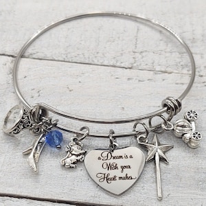 Cinderella Princess Inspired Bangle Charm Bracelet A Dream is a wish Your Heart makes Wand Pumpkin Carriage Tiara Crown Glass Slipper