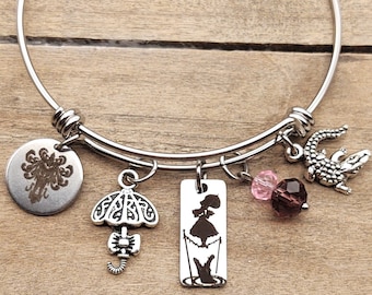 Parasol GIrl Tightrope Walker Haunted Mansion Disney Ride Charm Bangle Bracelet Umbrella Crocodile Stretching Room  portrait , Personalized