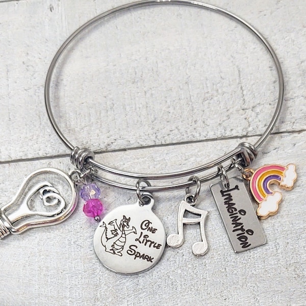 One Little Spark FIGMENT Journey Into Imagination Disney Ride Inspired Bangle Charm Bracelet  Rainbow Music Note Option to personalize name