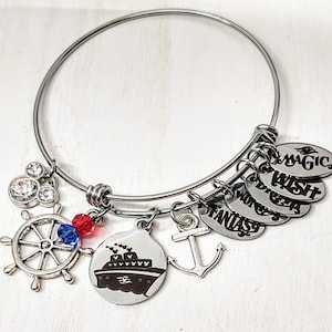 Disney Cruise Ship Inspired Charm Bracelet Mickey Mouse Magic, Wonder Dream Fantasy Treasure Wish Adventure Fish Extender Custom Name Bangle