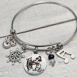 Steamboat Willie Mickey Mouse Movie Inspired Charm Bracelet, Key chain or Necklace Custom Engraved Name, Personalized Name Boat Jewelry