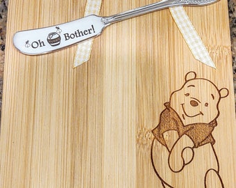 Winnie the Pooh Bear Engraved Wood Cutting board Gift Set Spreader Knife Oh Bother, Mother's Day Birthday Mom Valentine's Day Kitchen Decor