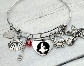 Little Mermaid Ariel Ride Themed Bangle Charm Bracelet Starfish, crab, shell, fork, dingle hopper, Princess Option to Personalize with Name