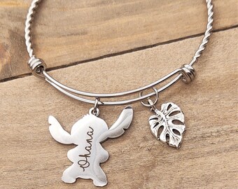 Lilo & Stitch Ohana Figure charm Inspired Bangle Charm Bracelet Option to Personalize Engraved Name, Custom Bracelet Gold Tone or Silver