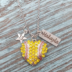 Girls Softball Player Personalized Engraved Name  Charm Necklace w/ Rhinestone heart Team Number, Team Gift All star Team Necklaces