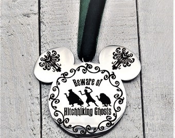 Beware Of Hitchhiking Ghosts Mickey Mouse Haunted Mansion Christmas Halloween Tree Ornament Gift Option to add Personalized Name on Back