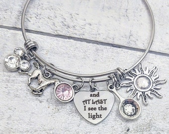 TANGLED And At Last I See the Light Themed Rapunzel Disney Inspired Bangle Bracelet Horse, Sun, Pan, Princess Fairytale Jewelry Personalized