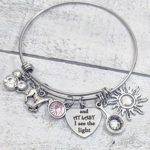 TANGLED And At Last I See the Light Themed Rapunzel Disney Inspired Bangle Bracelet Horse, Sun, Pan, Princess Fairytale Jewelry Personalized
