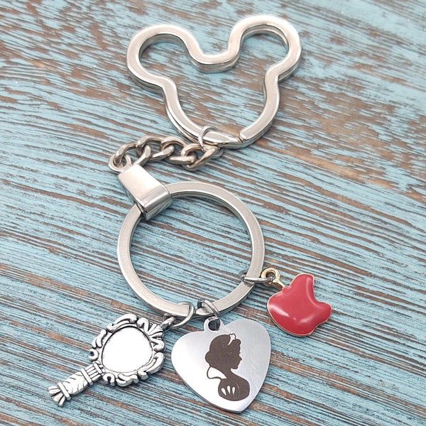 Personalized Snow White and the Seven Dwarfs Disney Movie Ride Inspired Poison Apple, Mirror Charm, Bitten Apple charm keychain keyring