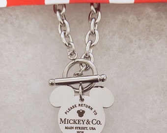 Please Return To Mickey & Co Engraved Mouse Ears Stainless Steel Charm Link Necklace w/ Toggle Clasp Fan Gift Personalized Name Park Jewelry
