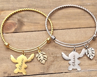 Lilo & Stitch Ohana Figure charm Inspired Bangle Charm Bracelet Option to Personalize Engraved Name, Custom Bracelet Gold Tone or Silver