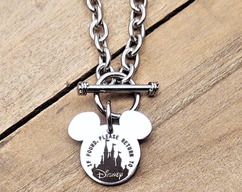 If Found Please Return To Disney Castle Engraved Mickey Stainless Steel Charm Link Necklace w/ Toggle Clasp Fan Gift Personalized name