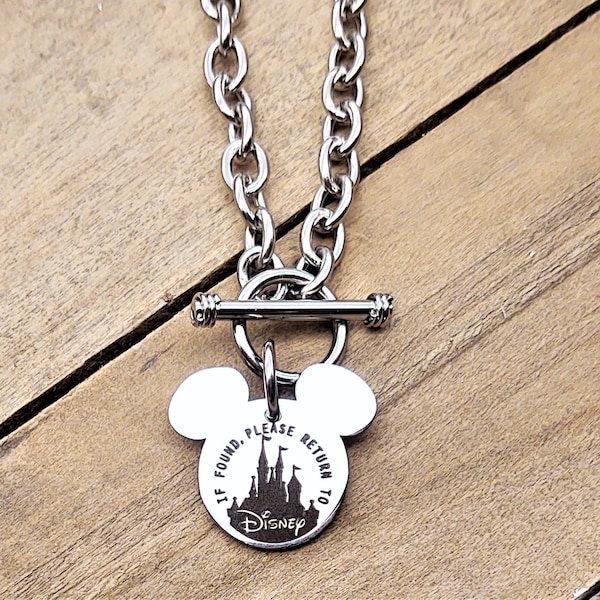 If Found Please Return To Disney Castle Engraved Mickey Stainless Steel Charm Link Necklace w/ Toggle Clasp Fan Gift Personalized name