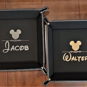 Personalized Custom Engraved Name Mickey Mouse Black Leather Valet Tray, Table Key Tray, Leather Storage Tray Disney Inspired Gift for Him