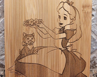 Alice In Wonderland & Dinah Cat Movie Disney Inspired Cheese, Cutting Wood Board  Kitchen Decor Engraved Art Gift, Cooking gift, Wall Art