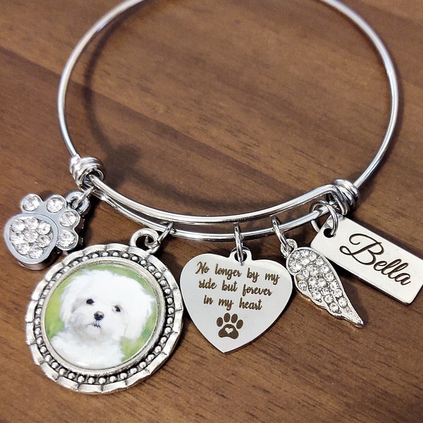No longer by my side but forever in my heart Photo Charm Bracelet Dog Cat Pet Memorial Keepsake, In Memory of, Loss of Pet Personalized Name