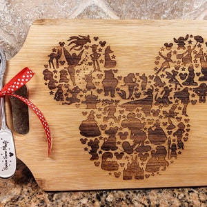 Mickey Mouse Head w/ Disney Characters Engraved Wood Cutting board Gift Set Spreader Knife Spread Some Magic Mother's Day Birthday Mom gift image 1