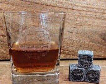 Star Wars Death Star Whiskey Glass Whiskey Stones Star Wars Gift Bourbon Rocks Low Ball Glass Father's Day Gift Engraved Personalized Name