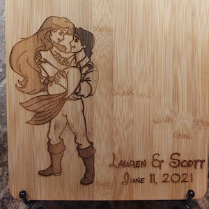 Little Mermaid Prince Eric Personalized Names Date Princess Ariel Cheese, Cutting Wood Board Kitchen Engraved Gift, Cooking Wall art Wedding image 1