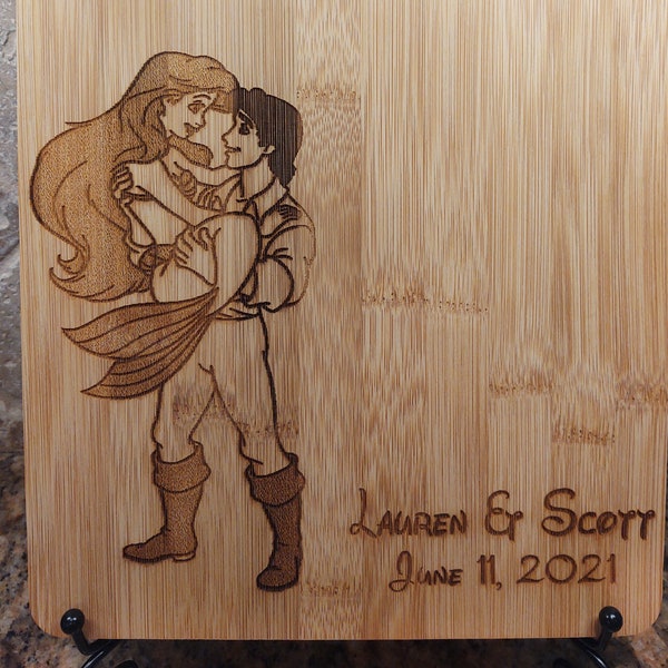 Little Mermaid Prince Eric Personalized Names Date Princess Ariel Cheese, Cutting Wood Board Kitchen Engraved Gift, Cooking Wall art Wedding