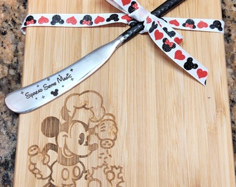 Mickey Mouse Chef Cooking Engraved Wood Cutting board Gift Set with Spread some Magic Spreader Knife, Holiday Hostess Gift, Kitchen Decor