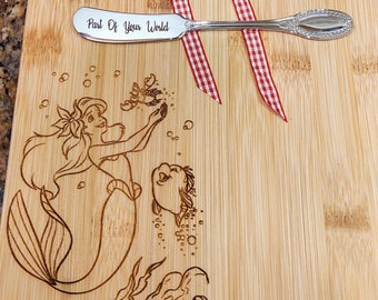 Ariel The Little Mermaid Flounder Sebastian Engraved Wood Cutting board Gift Set with Mermaid Spreader Knife, Holiday Hostess Gift