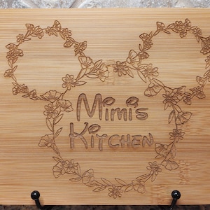 Personalized Name Mickey Mouse flower Inspired Cheese Cutting Wood Board Kitchen Decor Engraved Art, Grandma, Mom, Aunt, Sister, Friend Gift