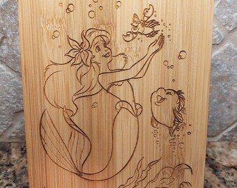 Ariel Little Mermaid Flounder, Sebastian Crab Inspired Cheese, Cutting Wood Board foodie gift, Kitchen Decor Engraved, Cooking, Art Gift