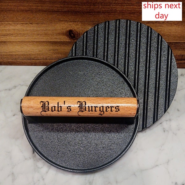 Burger Weight Personalized Custom Name Cast Iron Bacon Steak Engraved Meat Press Gift for BBQ, Grill  Father's Day Smasher Est. Year