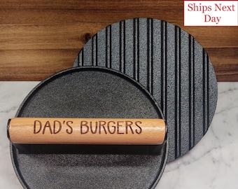 Burger Weight Personalized Custom Name Initials Cast Iron Bacon Steak Engraved Meat Press Gift for BBQ, Grill Press Barbeque Smasher