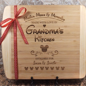 Personalized Mickey Mouse Grandma&#39;s Mom&#39;s Disney Kitchen Grandkids, Kids Names Engraved Wood Cutting board Mother&#39;s Day Magical Memories