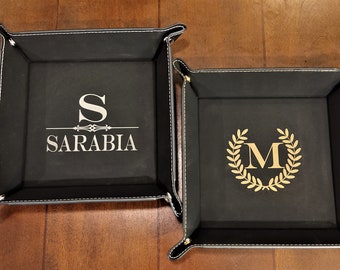 Personalized Name Black Leather Valet Tray For Men, Table Key Tray, Leather Storage Tray, Leather Coin Tray, Custom, Gift for Him