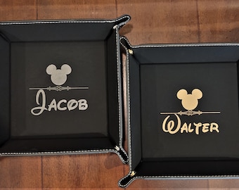 Personalized Custom Engraved Name Mickey Mouse Black Leather Valet Tray, Table Key Tray, Leather Storage Tray Disney Inspired Gift for Him